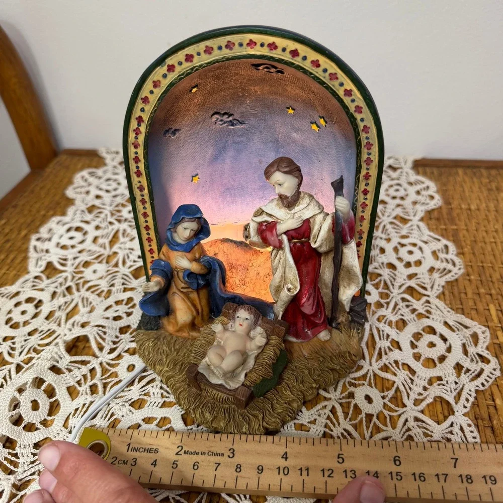 Vintage Autom Nativity Plug In Night Light Holy Family Resin Arched Grotto